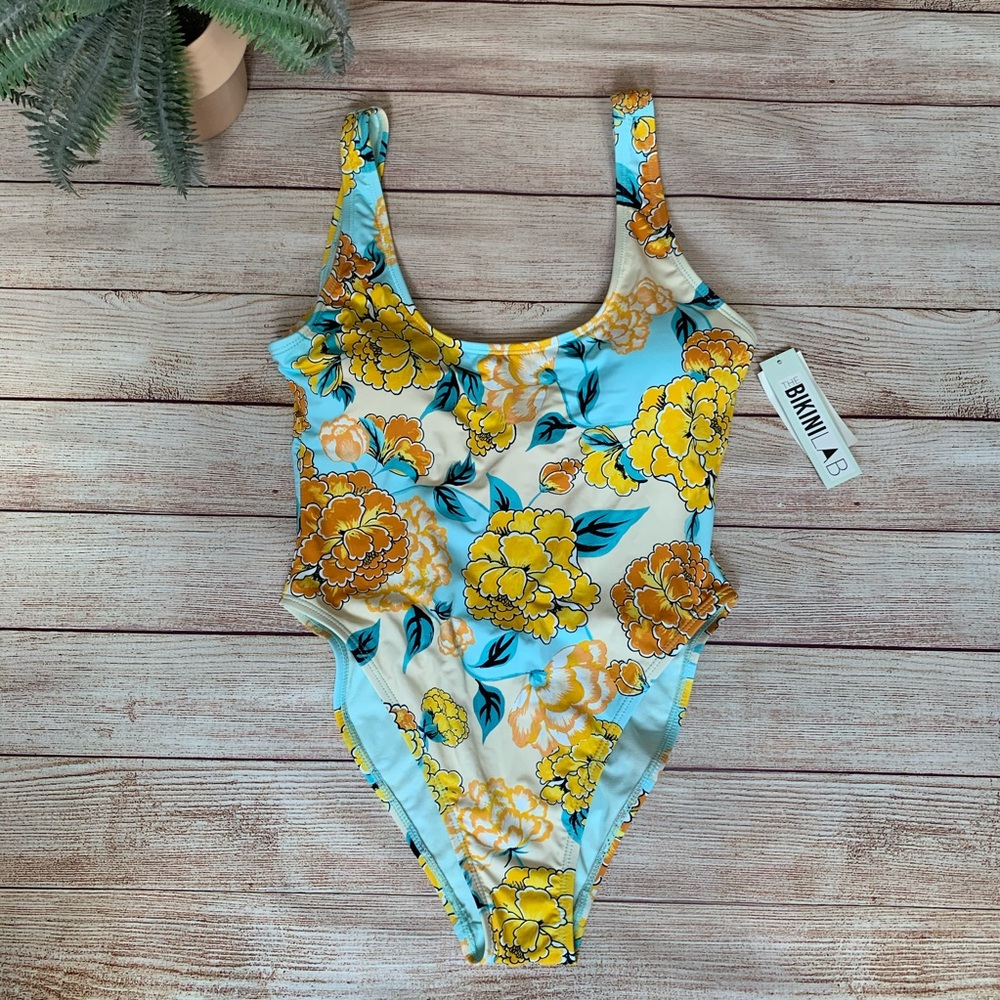 NWT! Bikini Lab • blue yellow floral one piece